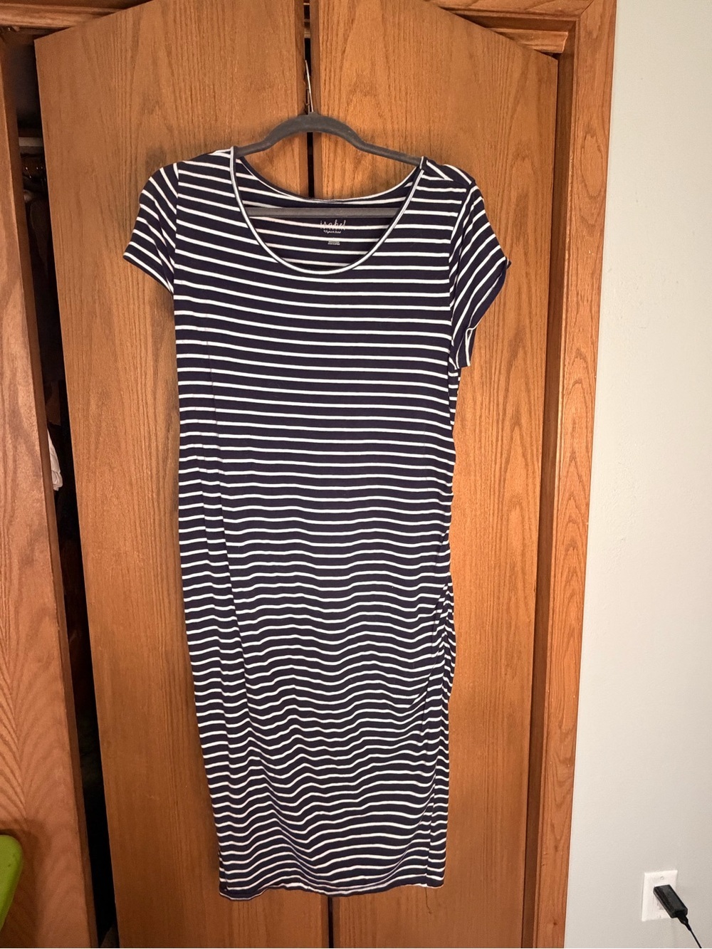 Maternity Striped Navy and White Short Sleeve Midi Dress